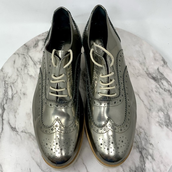 Contigo Italy Patent Leather Platform WingTip Oxfords 38 Metallic Minimalist - Picture 6 of 16